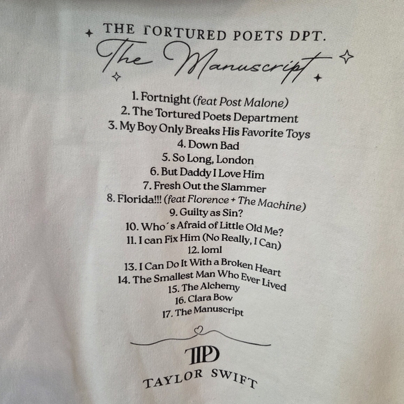 Taylor Swift The Tortured Poets Department Y2K White Hoodie Swiftie Fan Merch S - Picture 4 of 6